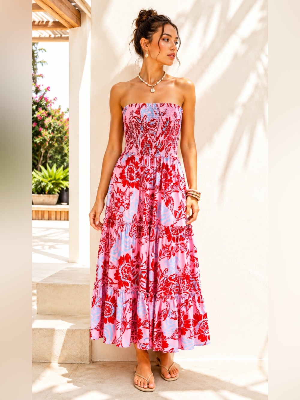 Abel the Label Dopamine Floral Strapless Smocked Tiered Midi Dress Size XS